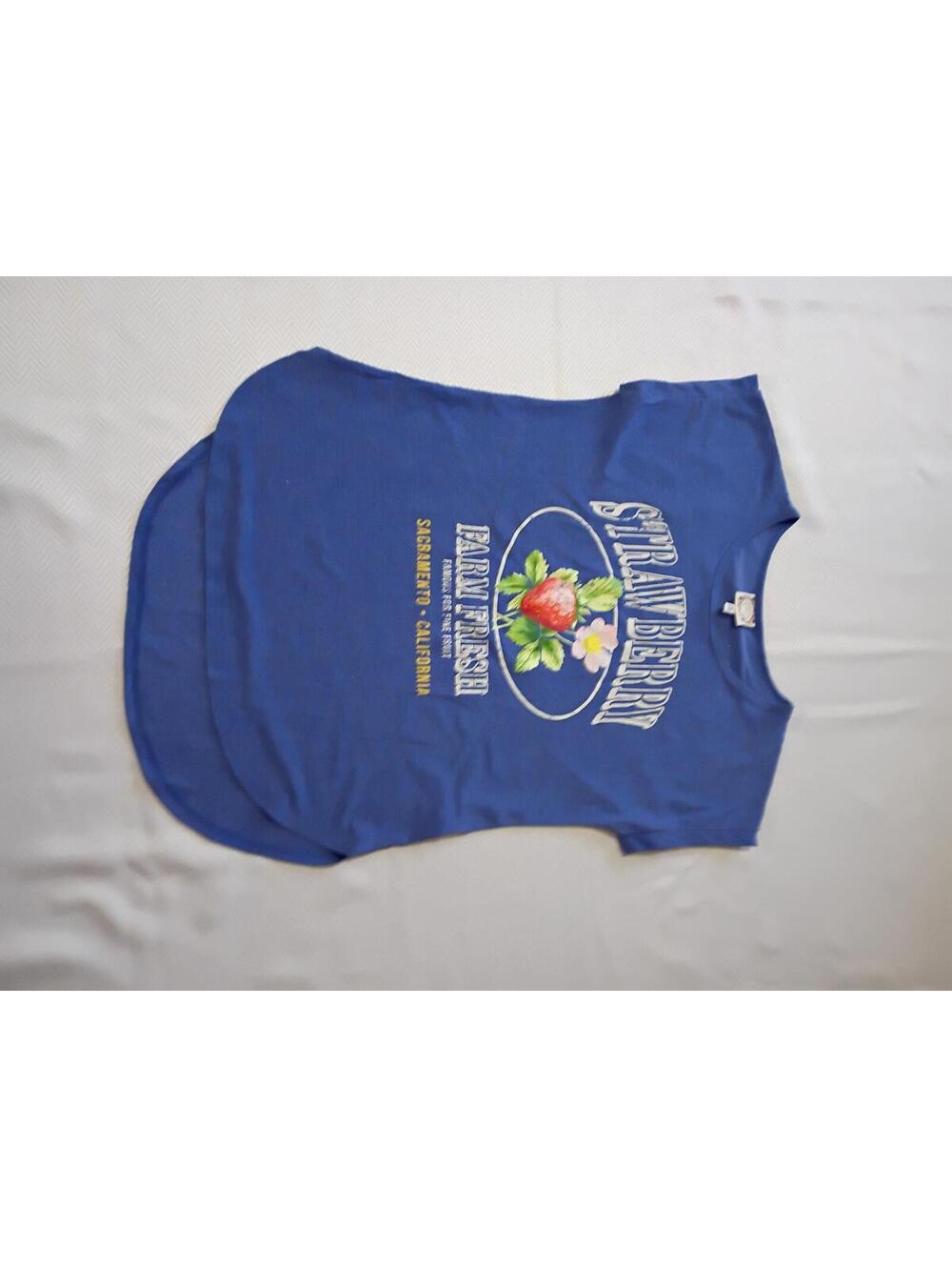 Blue Sleeveless Strawberry Farm Fresh Graphic T-Shirt